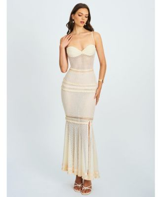 Women's Pallas Beige Lace Trim Crochet Mermaid Maxi Dress