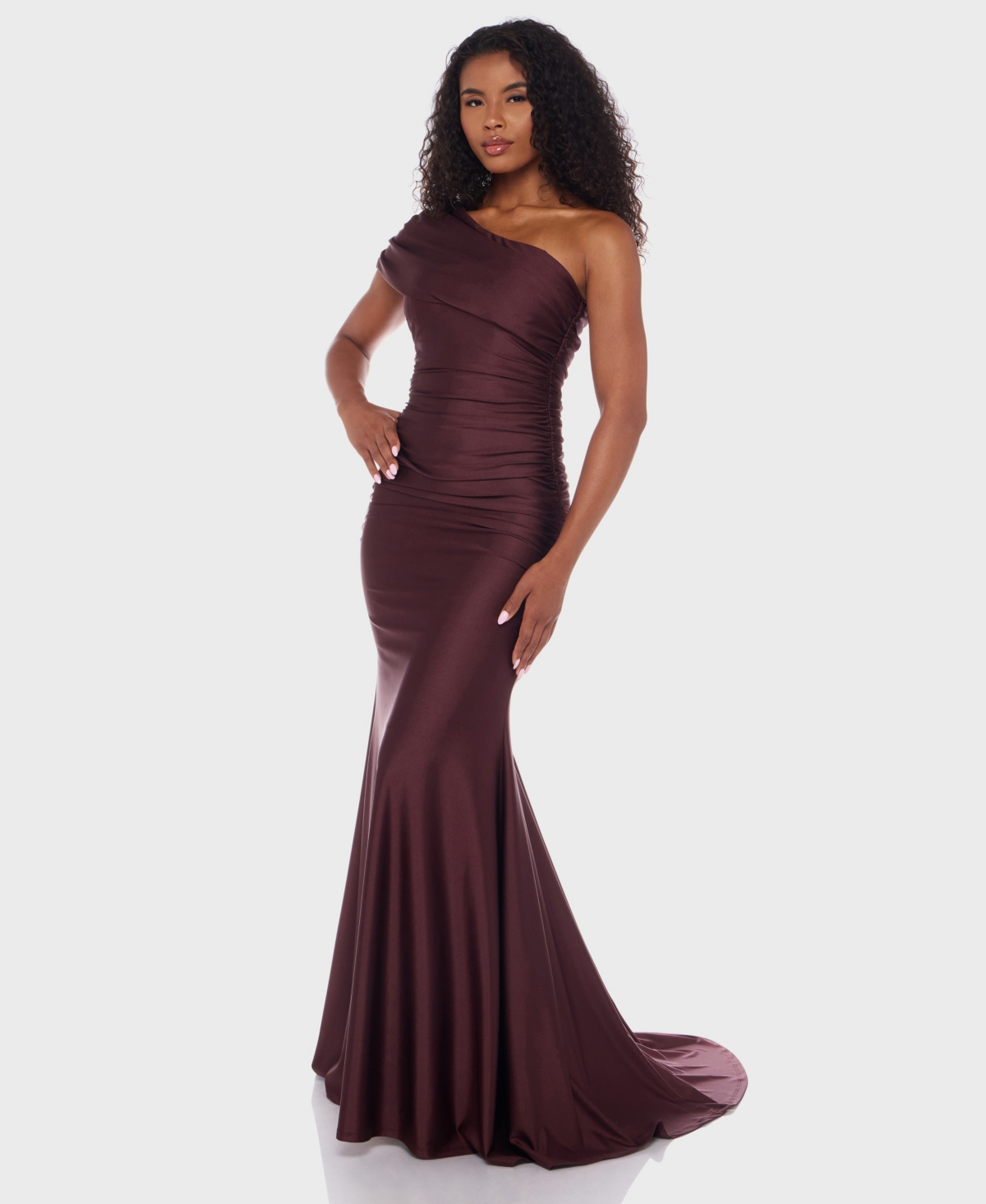 B Darlin Juniors' One-shoulder Draped Floor-sweeping Gown In Brown