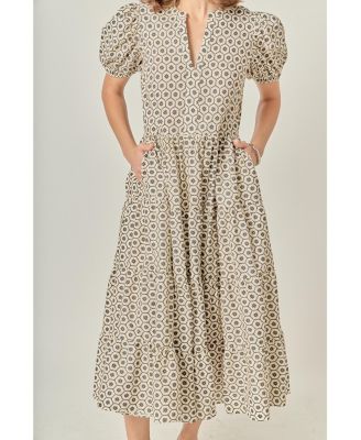 Women's Print Puff Sleeve Midi Dress