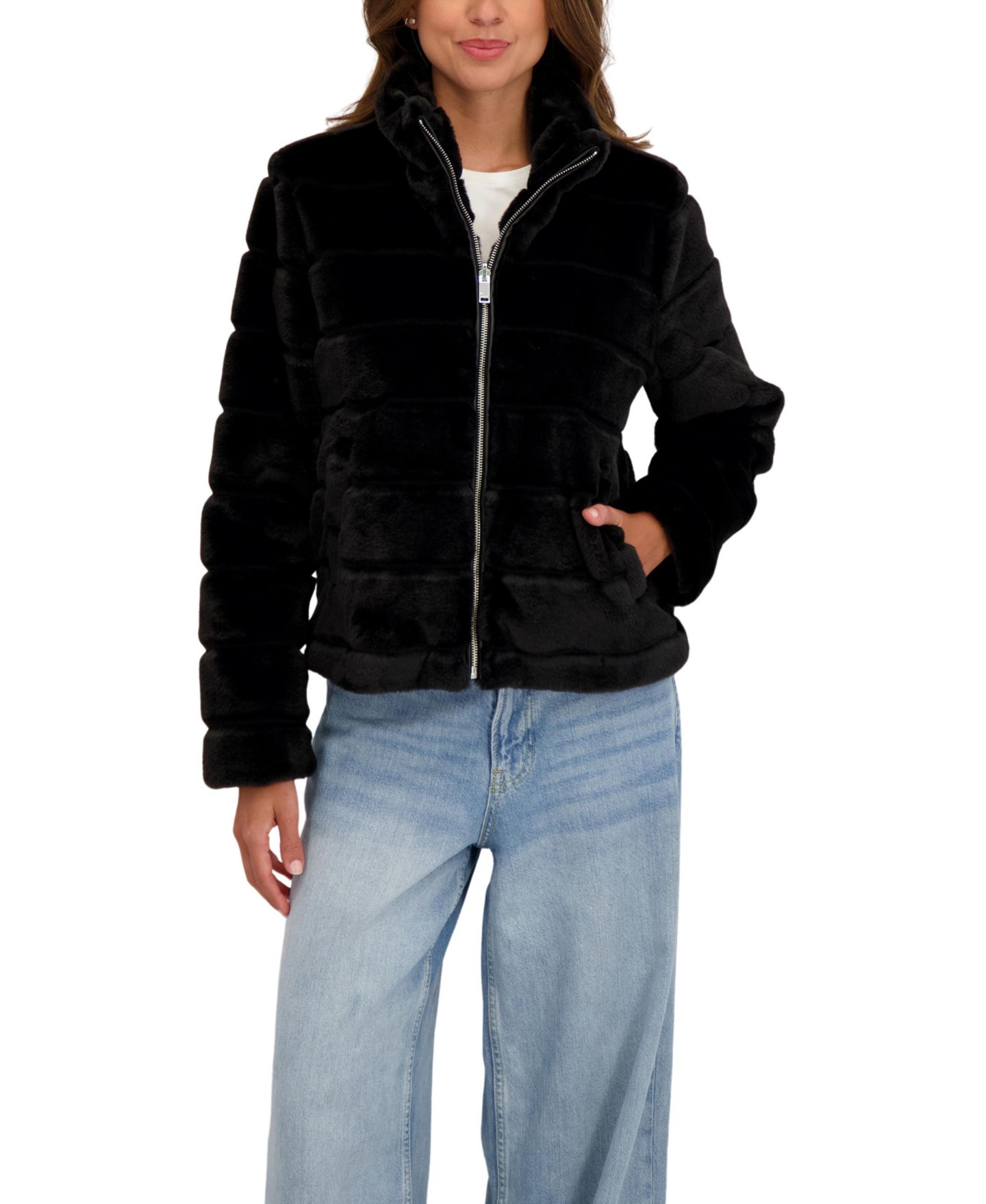 Женская куртка Sebby Collection Grooved Short Faux Fur, цвет: Чёрный — фото 4