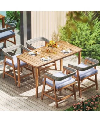 5PCS Patio Dining Set Solid Wood Furniture w/ Rattan Backrest & Seat Cushions