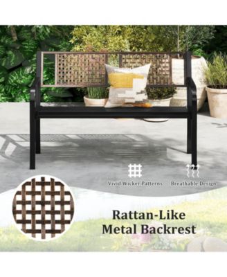50" Outdoor Metal Park Bench with Rattan-Like Backrest & Curved Armrests