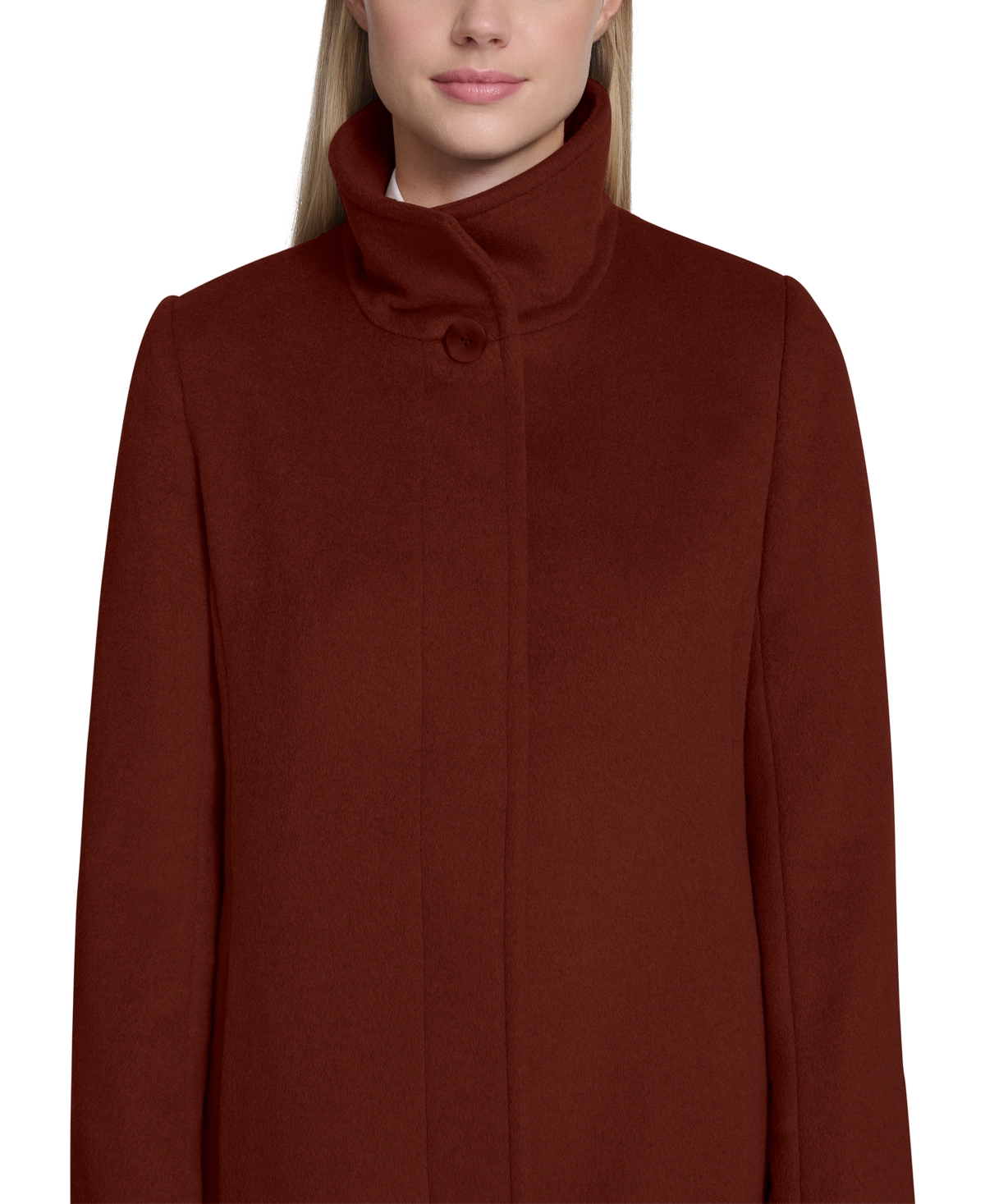 Cole Haan Womens Stand-collar Single-breasted Wool Blend Coat In Brown