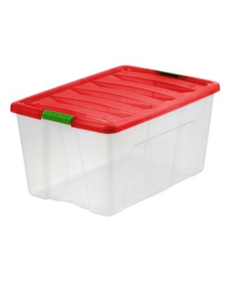 94 Quart Stackable Holiday Plastic Storage Bins with Lids and Latching Buckles, Clear/Red - 2 Pack