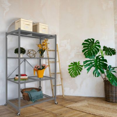 R5 Foldable 4 Tier Storage Rack w/ Wheels, Pewter, Certified Refurbished