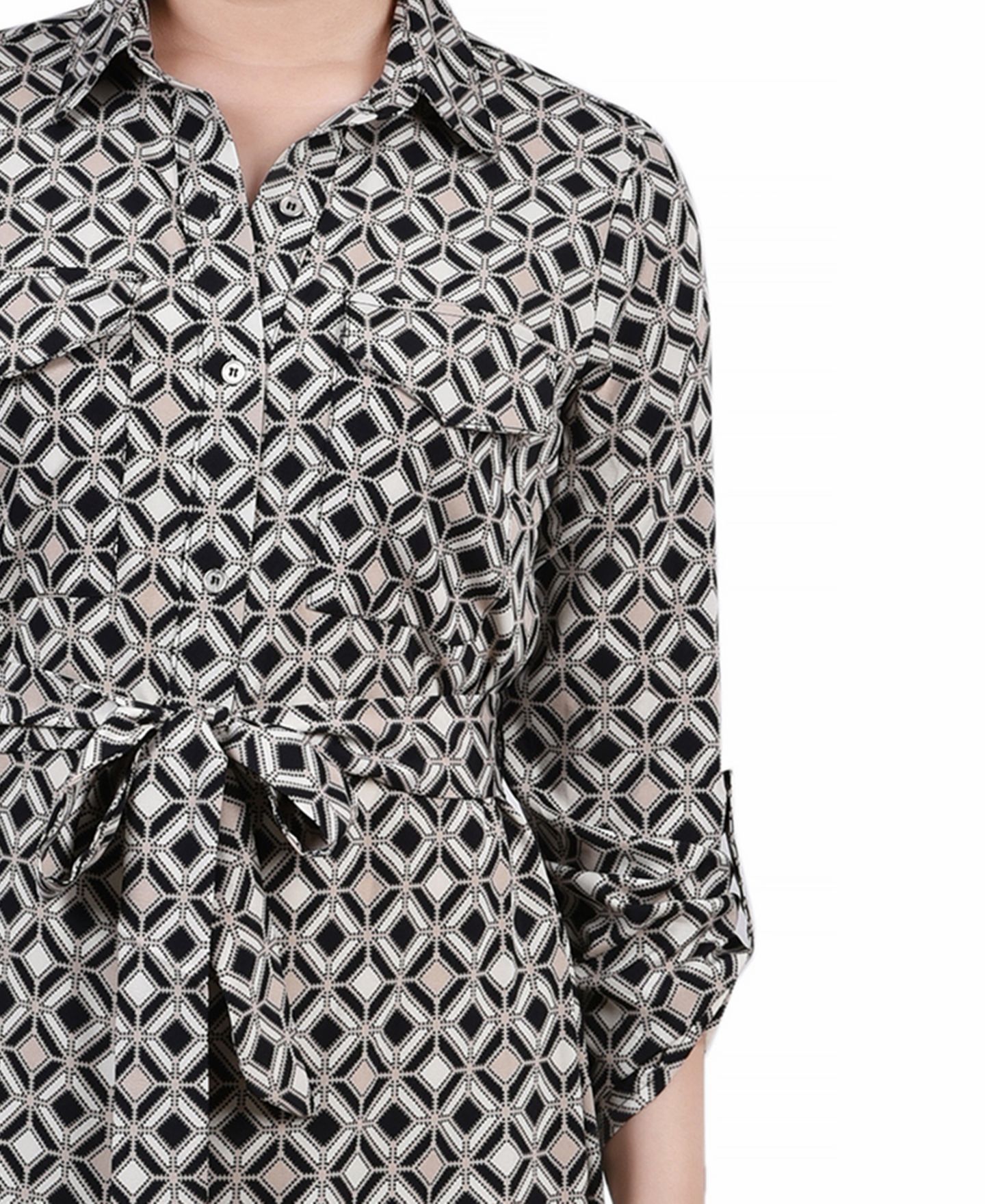Женское платье NY Collection Petite Geometric Printed Long Sleeve Roll Tab Shirtdress, цвет: Чёрный — фото 4