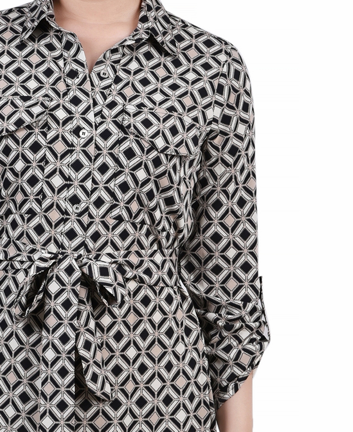 Ny Collection Petite Geometric Printed Long Sleeve Roll Tab Shirtdress In Black