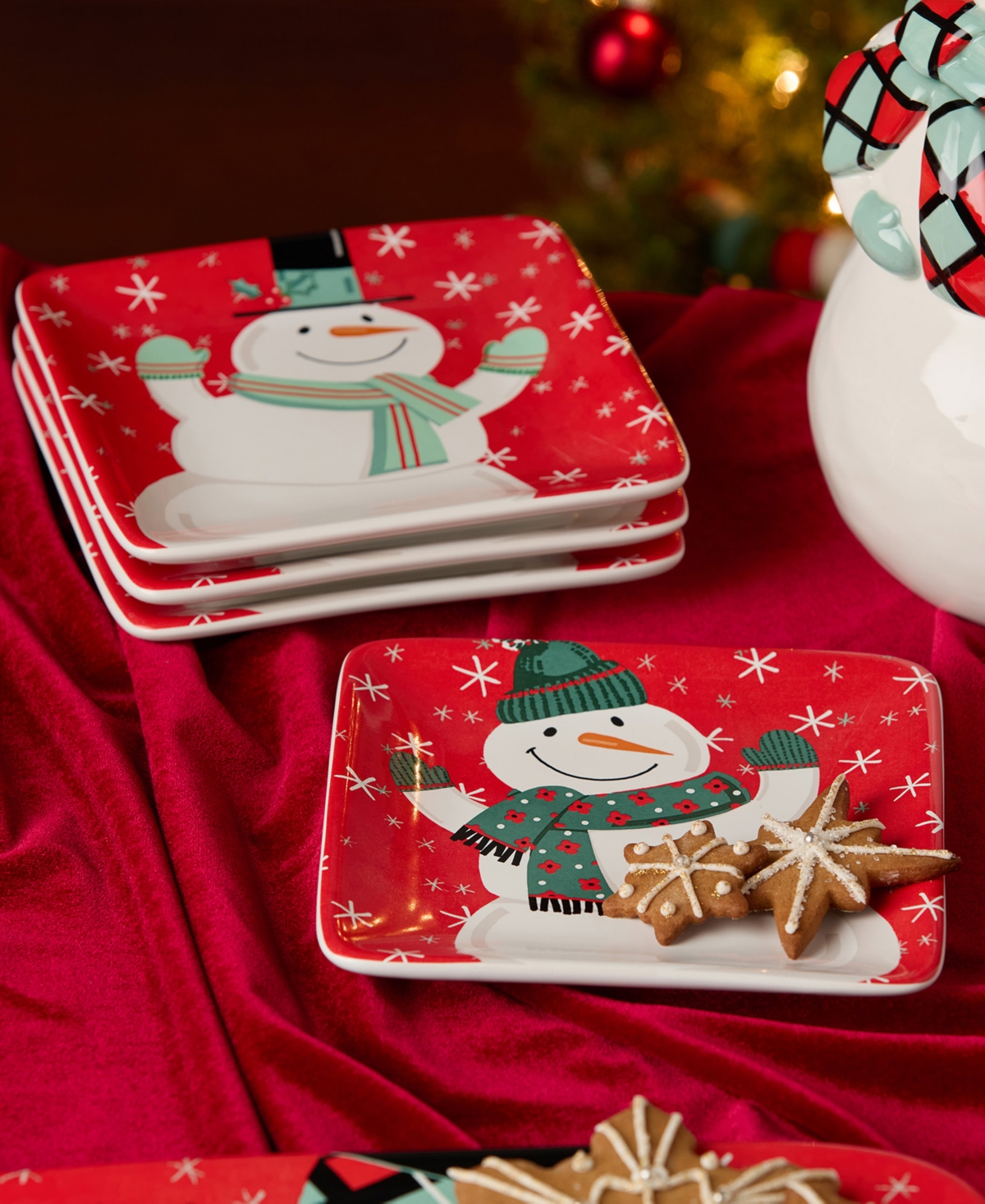 Certified International Christmas Whimsy Snowman Set Of 4 Canape Plates In Multi