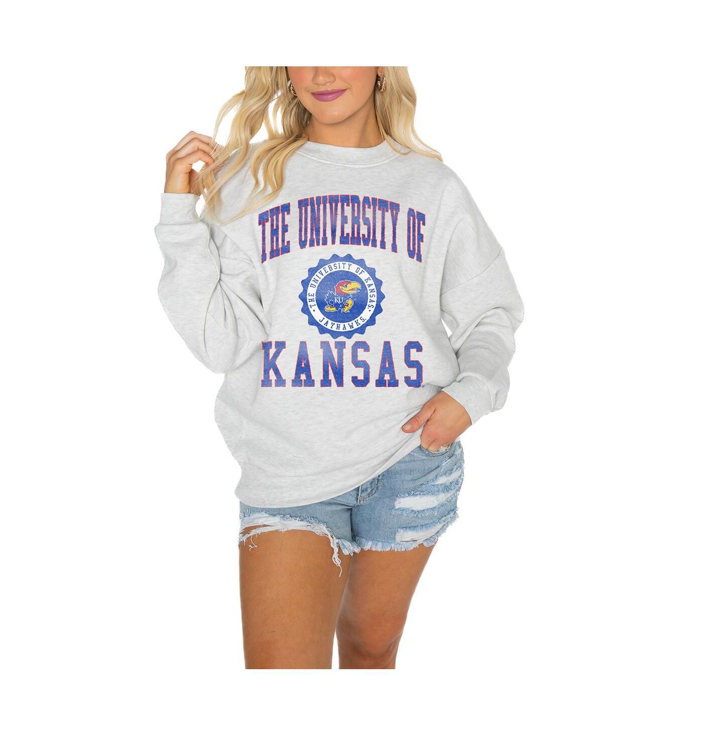 Женская толстовка Gameday Couture Kansas Jayhawks Gray Oversized Drop Shoulder Fleece Drop Pullover — фото 1