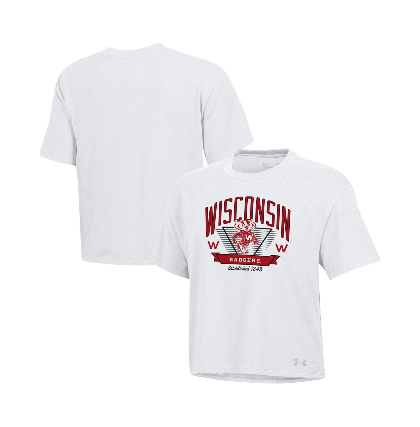 Женская футболка Under Armour White Wisconsin Badgers Essentials Icon Ultra-Soft Tri-Blend Boxy Cropped — фото 1