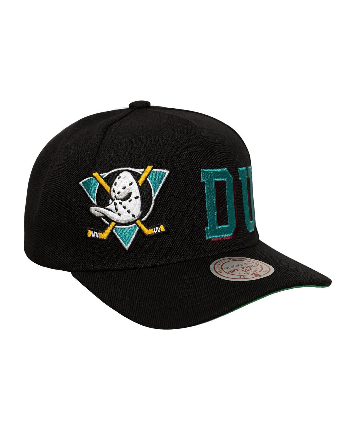 Mitchell & Ness Men's Black Anaheim Ducks Busted Logo Wordmark Wrap-around Pro Pinch Adjustable Hat In Black