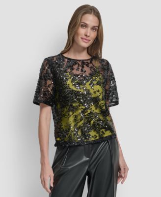 Women's Short Sleeve Sequin Overlay Boxy Top