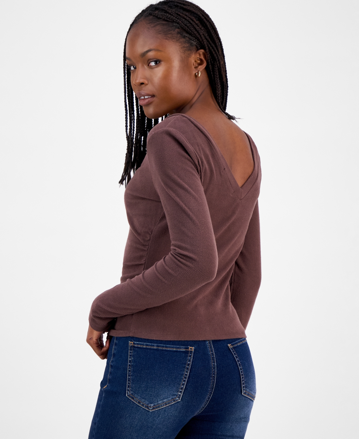 Madden Girl Juniors' Double V-Neck Ruched Long-Sleeve Tee