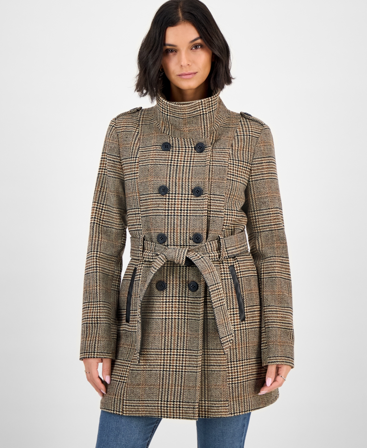 Bcx Juniors' Plaid Funnel-Neck Trench Coat
