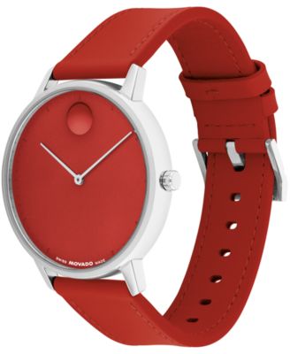 Unisex Face Swiss Quartz Red Leather Watch, 41mm