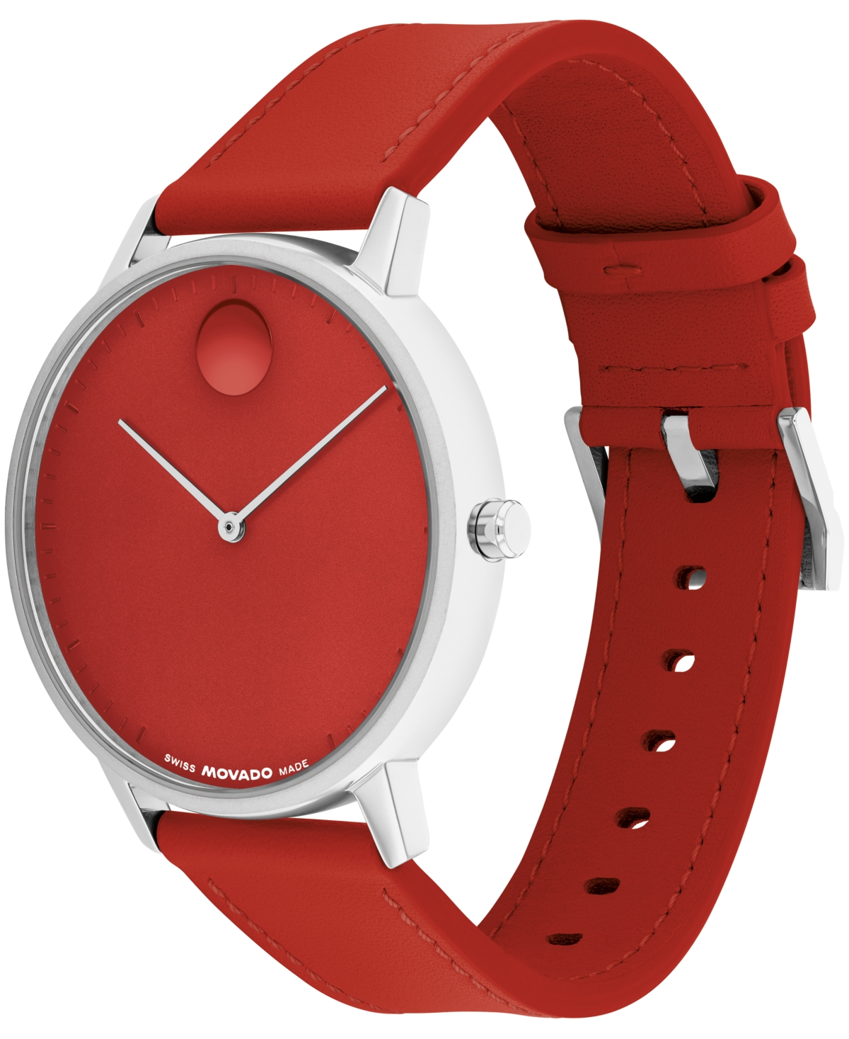 Movado Unisex Face Swiss Quartz Red Leather Watch, 41mm In Red