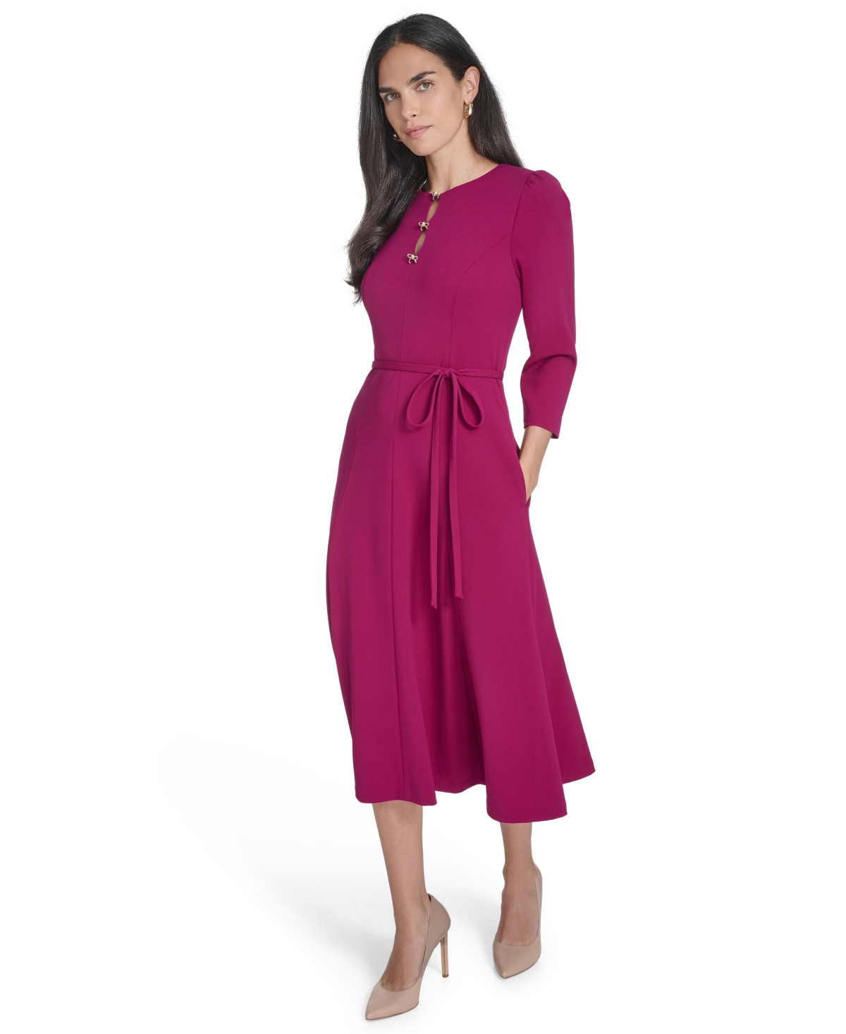 Jessica Howard Women's Jewel Neck 3/4-sleeve Midi Dress In Purple