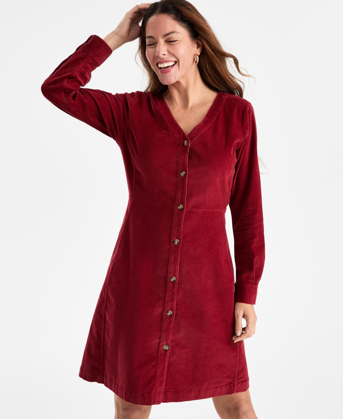 Style & Co Women's Corduroy Button-front V-neck Dress, Macy's Exclusive In Green