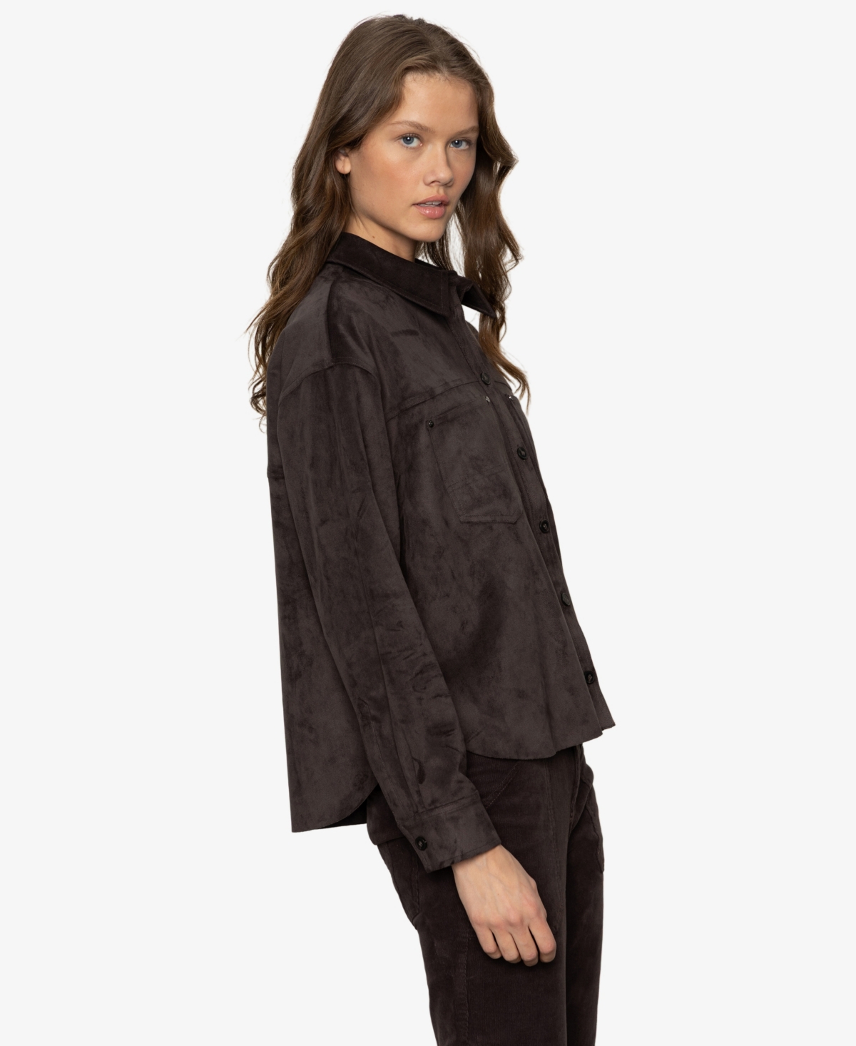 Sanctuary Ivy Faux Suede Long Sleeve Button-up Shirt In Brown