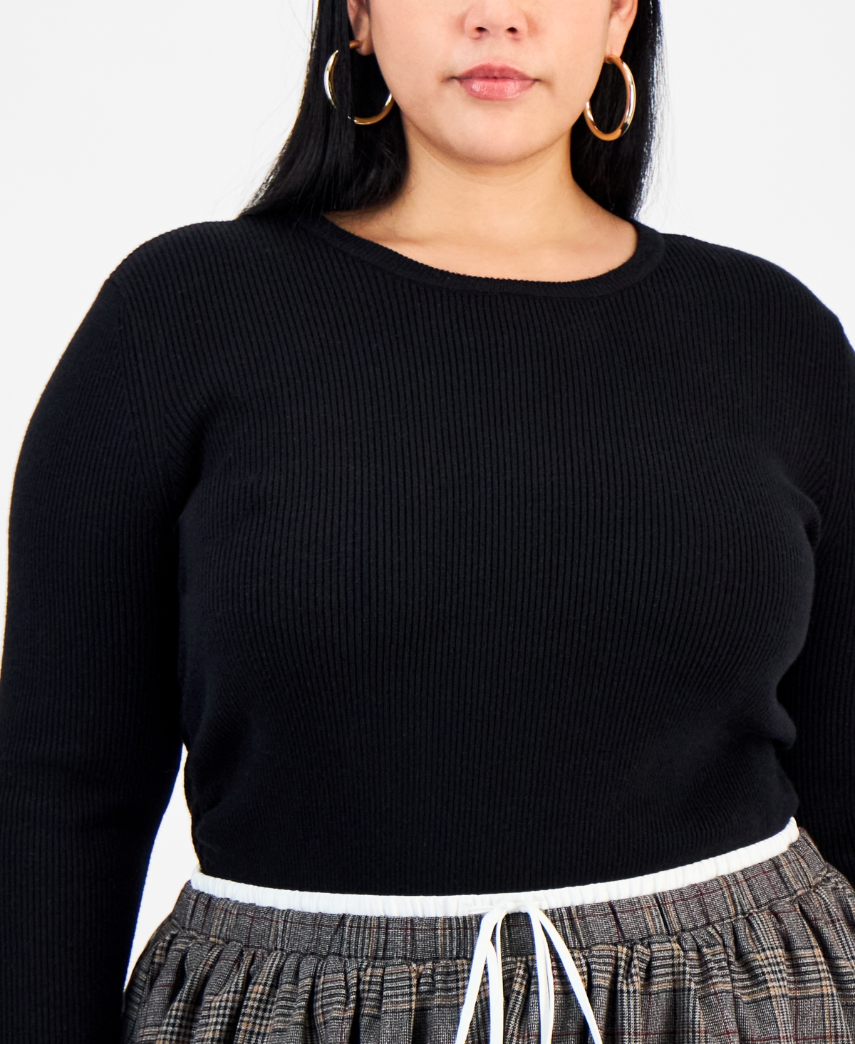 Bar Iii Trendy Plus Long Sleeve Ribbed Knit Top, Macy's Exclusive