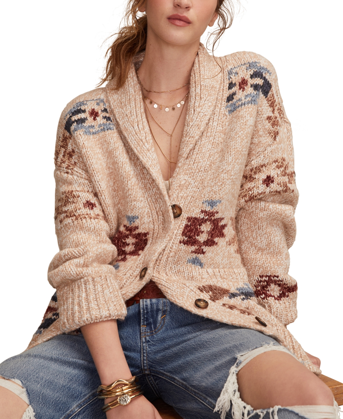 Lucky Brand Santa Fe Intarsia Horse Cardigan In Multi