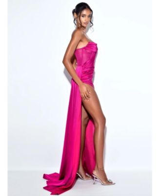 Women Holly Fuchsia Crystallized Corset High Slit Satin Gown