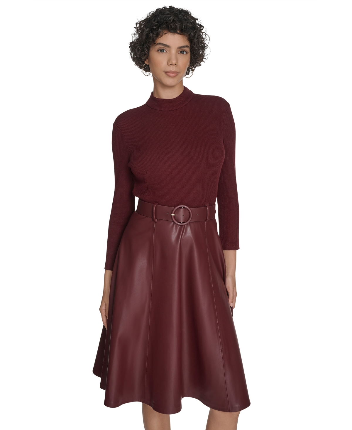 Calvin Klein Women's Pleather Combo Midi Dress In Burgundy