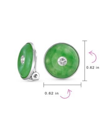 Round Disc CZ Accent Green Dyed Jade Clip On Earrings Sterling Silver Non Pierced