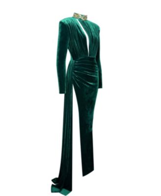 Women Zenaida Emerald Green Cutout High Slit Velvet Gown