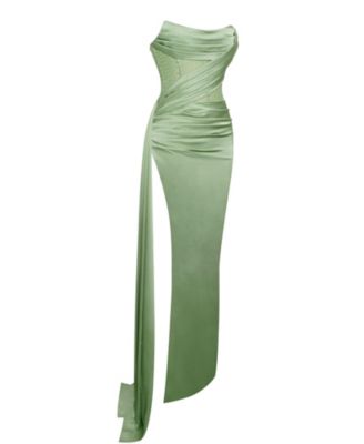 Women Holly Basil Crystallized Corset High Slit Satin Gown