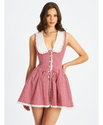 Women's Nala Red Gingham Eyelet Lace Trim Peterpan Collar Mini Dress
