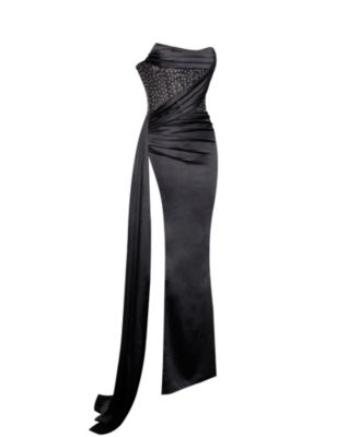 Women's Holly Black Crystallized Corset High Slit Satin Gown