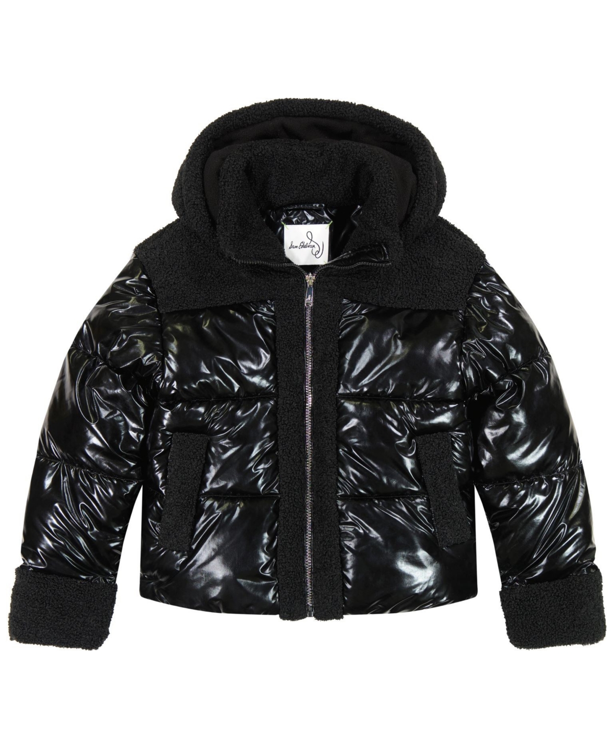 Sam Edelman Shimmer Cargo Pocket Faux Shearling Hooded Puffer Jacket In Black