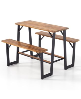 Outdoor Picnic Table for 4 Acacia Wood Rectangular Picnic Table w/ 2 Built-in Benches
