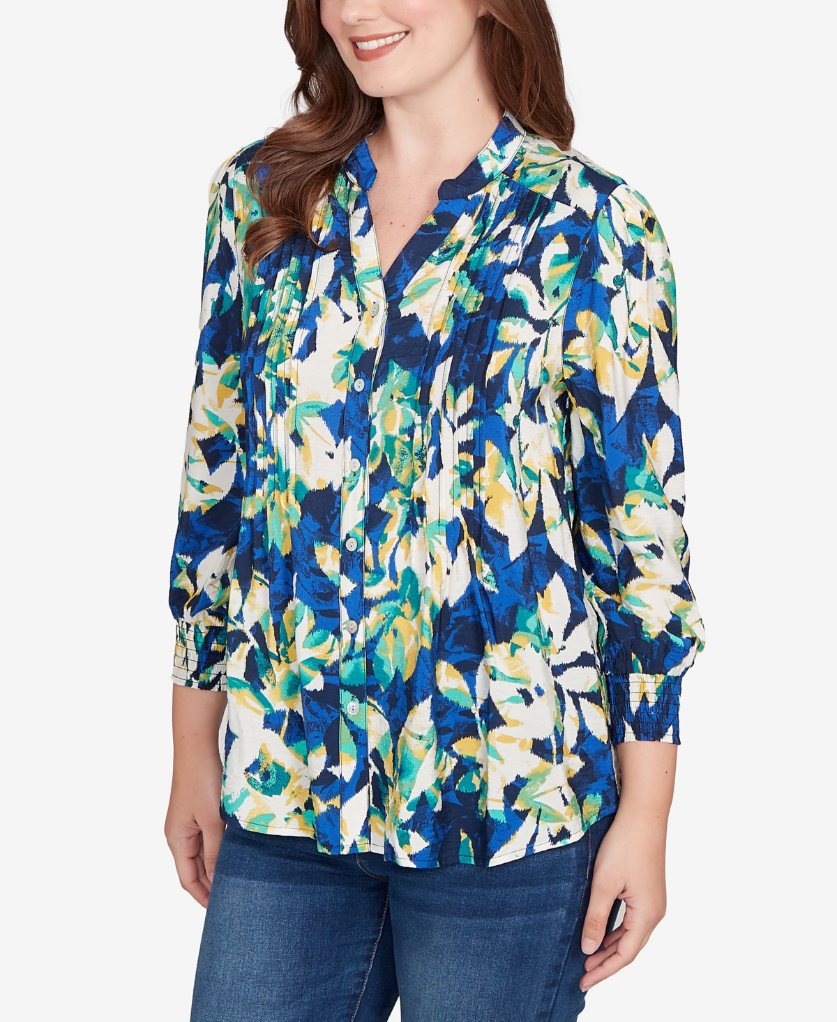 Ruby Rd. Petite Floral Silky Voile Button Down Top In Multi