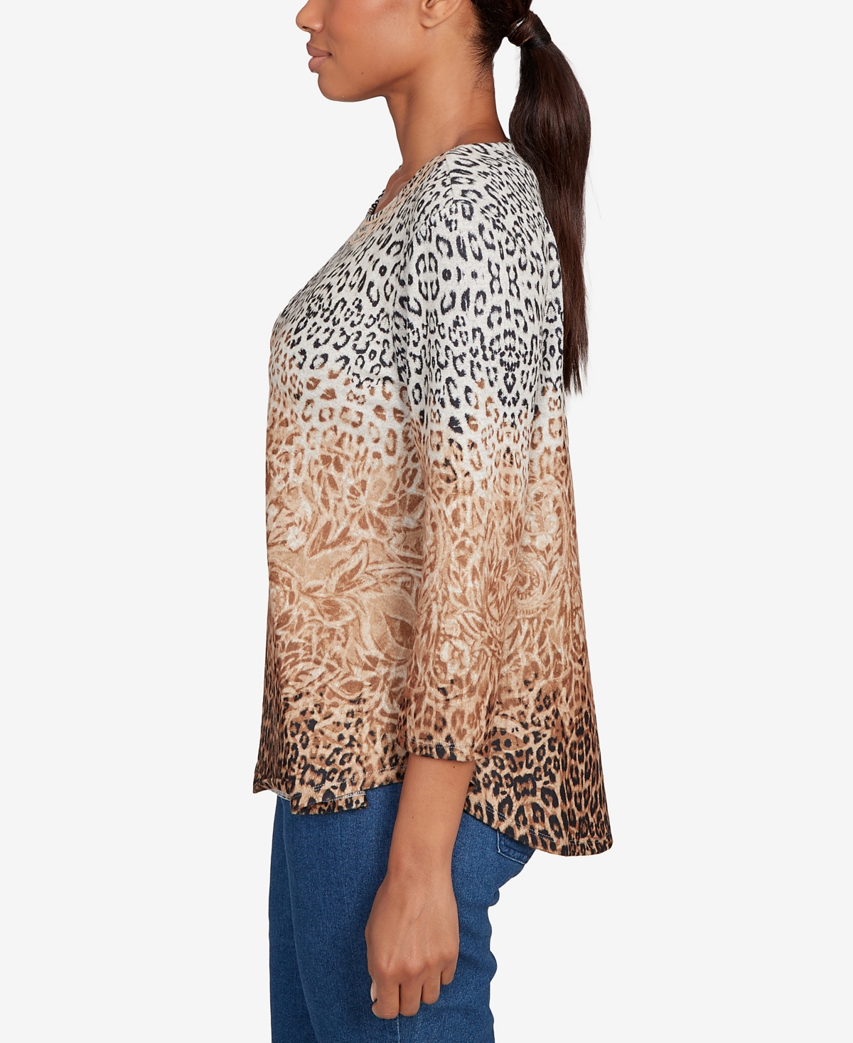 Ruby Rd. Petite Embellished Animal Print Cozy Top In Brown