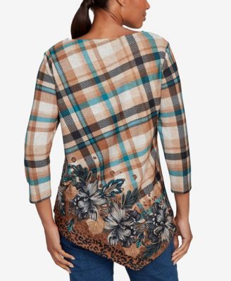 Petite Floral Plaid Cozy Ballet Neck Top