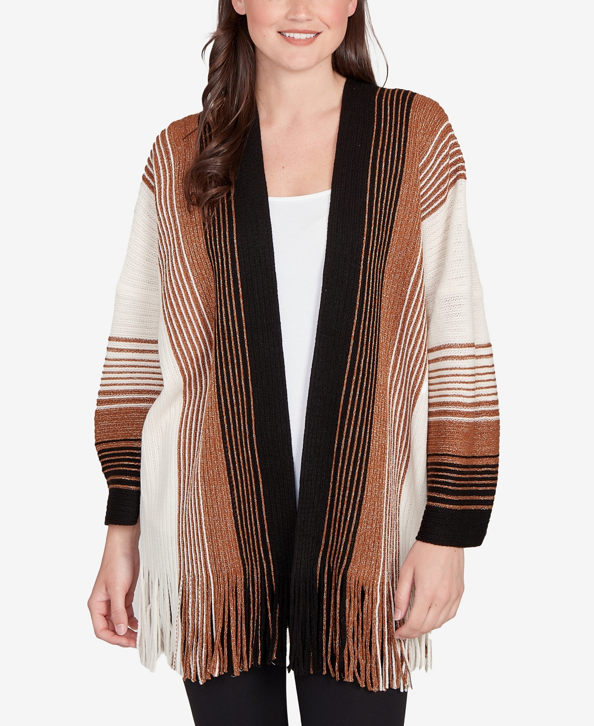 Ruby Rd. Petite Open Fringed Stripe Cardigan Sweater In Brown