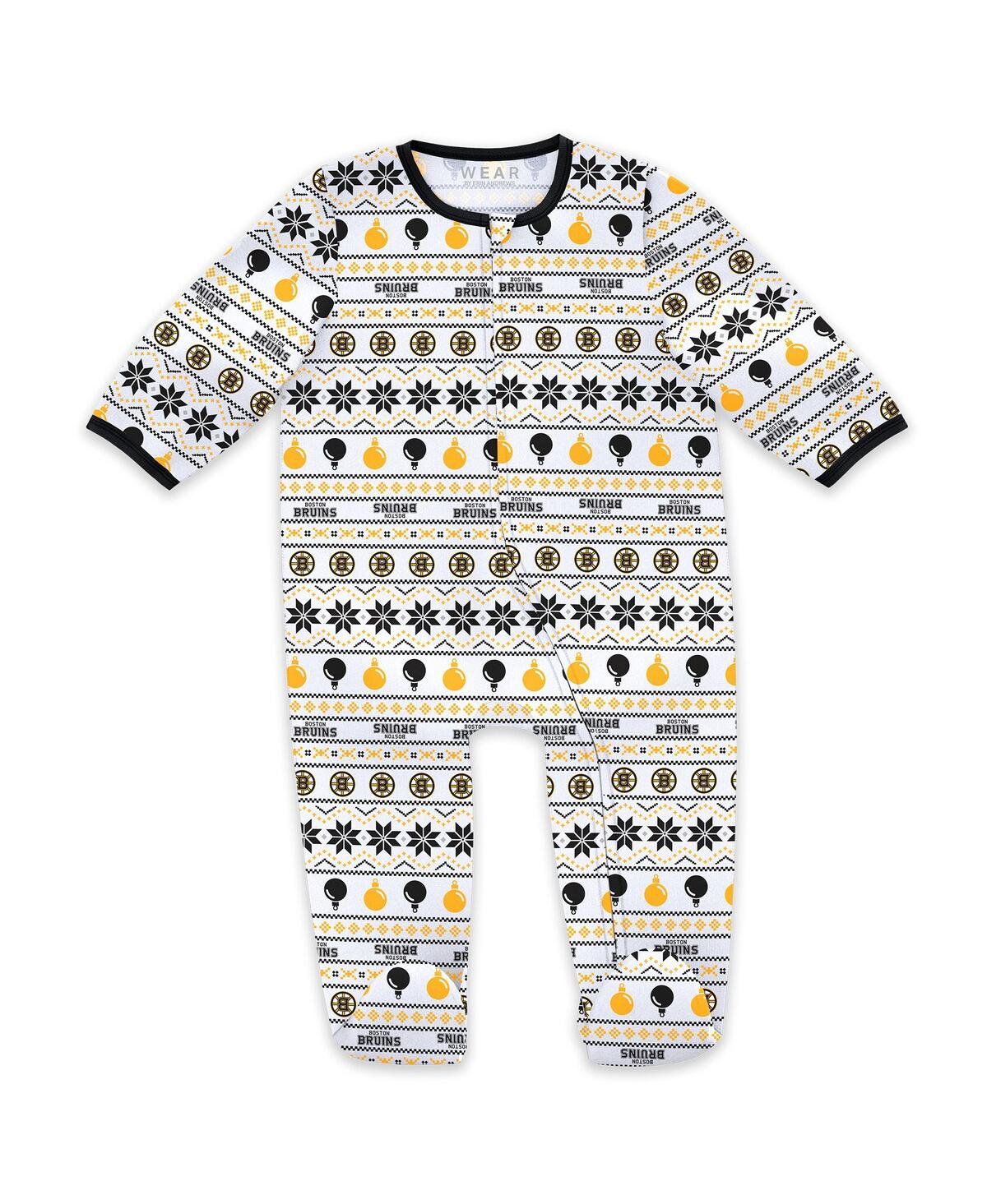 Wear By Erin Andrews Newborn 2-piece Boston Bruins Allover Print Full-zip Sleeper And Bib Christmas Set In Multi