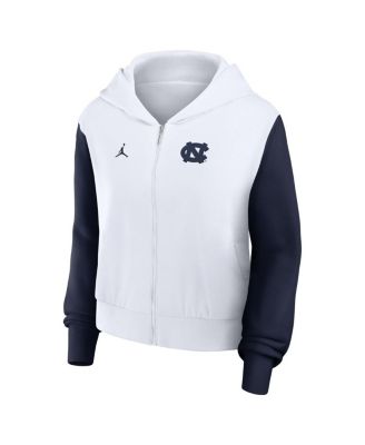 Women's White North Carolina Tar Heels Cropped Athletic Prep Color Block Script Full-Zip Hoodie