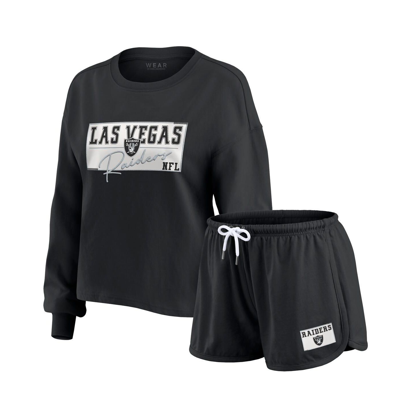 WEAR by Erin Andrews Women's 2-Piece Black Las Vegas Raiders Heavy Rugby Jersey Long Sleeve T-Shirt and Shorts Lounge Set — фото 1