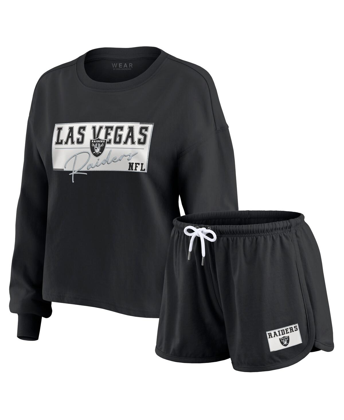Wear By Erin Andrews Women's 2-piece Black Las Vegas Raiders Heavy Rugby Jersey Long Sleeve T-shirt And Shorts Lounge Set In Black