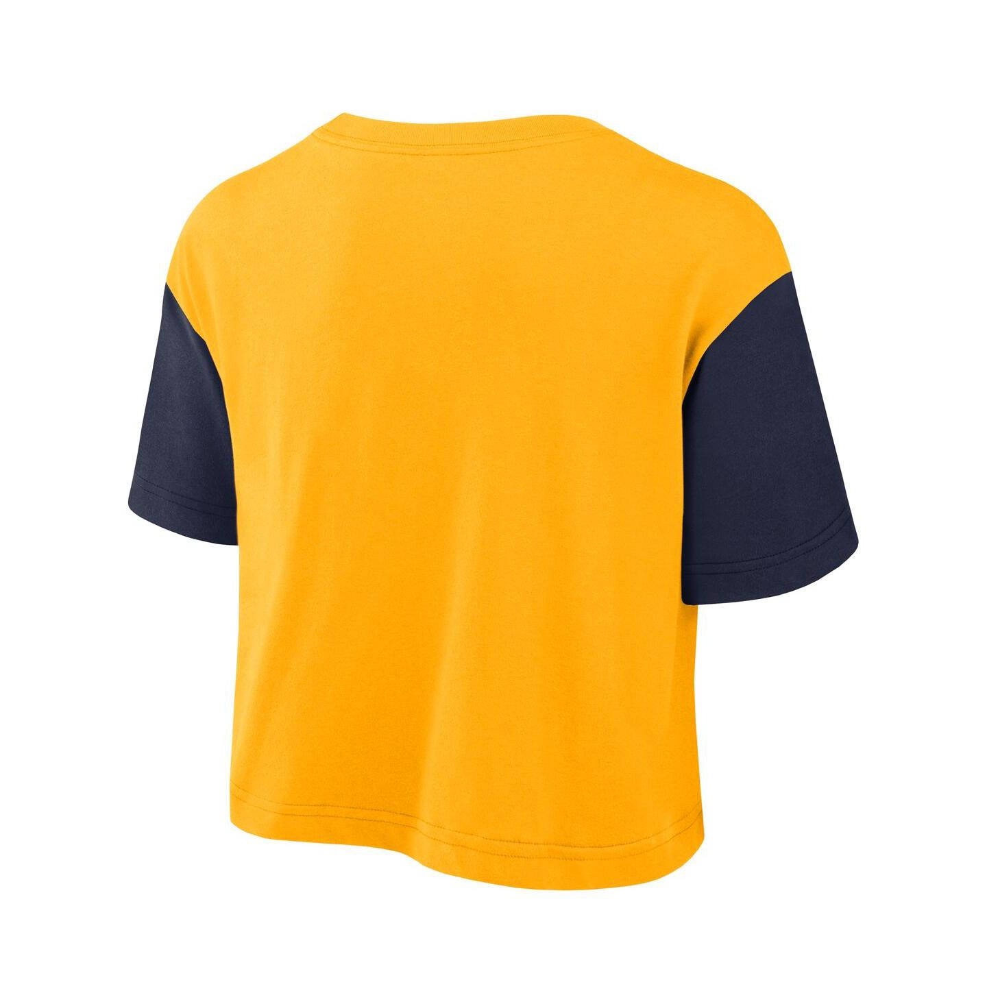 Женская футболка Nike Gold/Navy West Virginia Mountaineers Color Block Script Performance Cropped — фото 3
