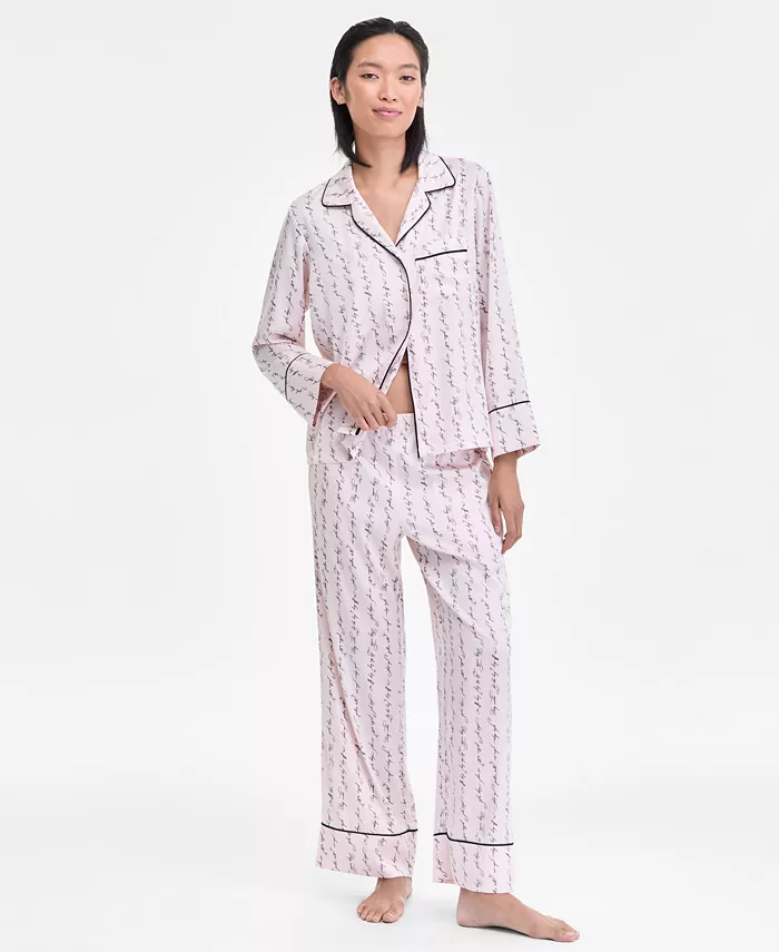 Women's Printed Satin Long Pajama Set - thumbnail 4