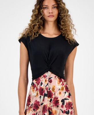 Women's Colorblock Printed Cap-Sleeve Midi Dress