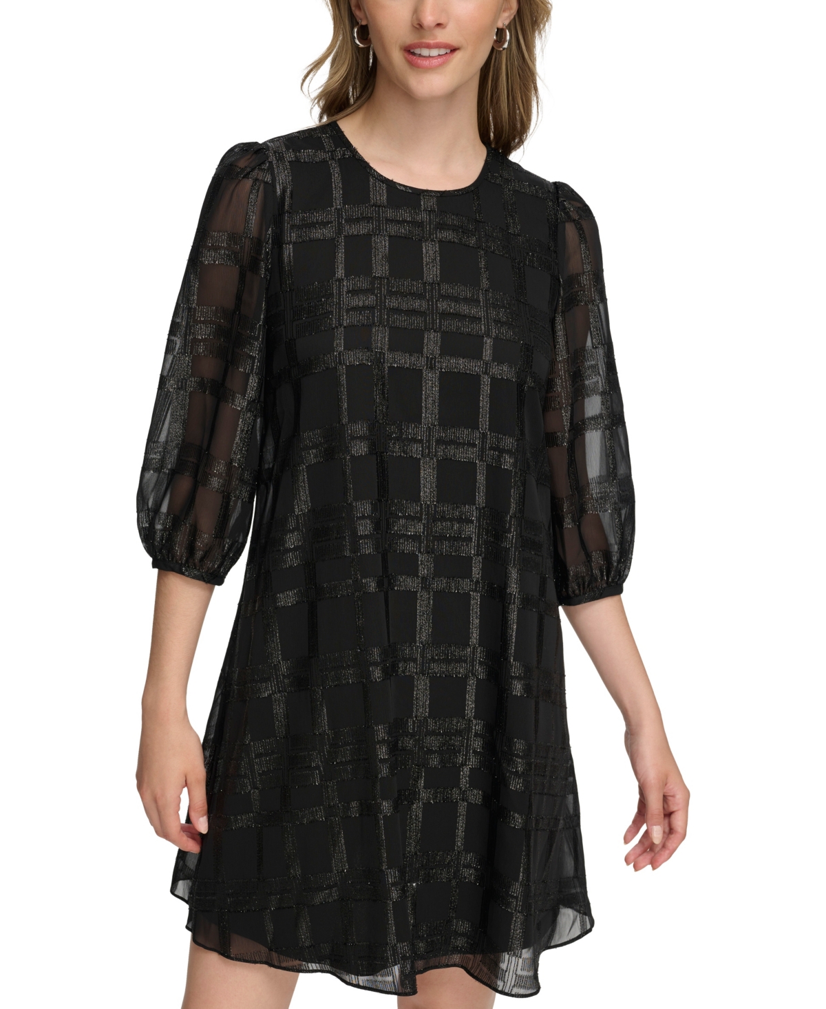 Calvin Klein Dress Women's Black Glitter Chiffon Puff Sleeve A-line Buu994 In Black