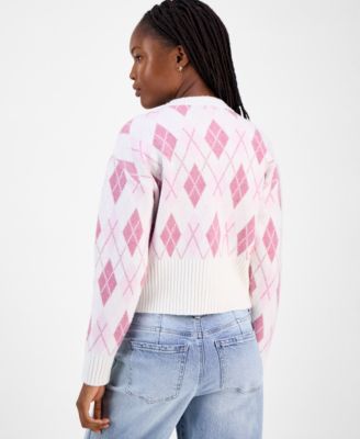 Juniors' Argyle Crewneck High-Rib Cardigan