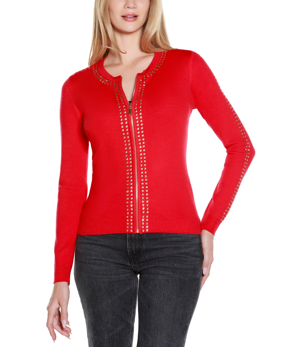 Belldini Women's Crewneck Embellished Zip Cardigan Sweater In Red
