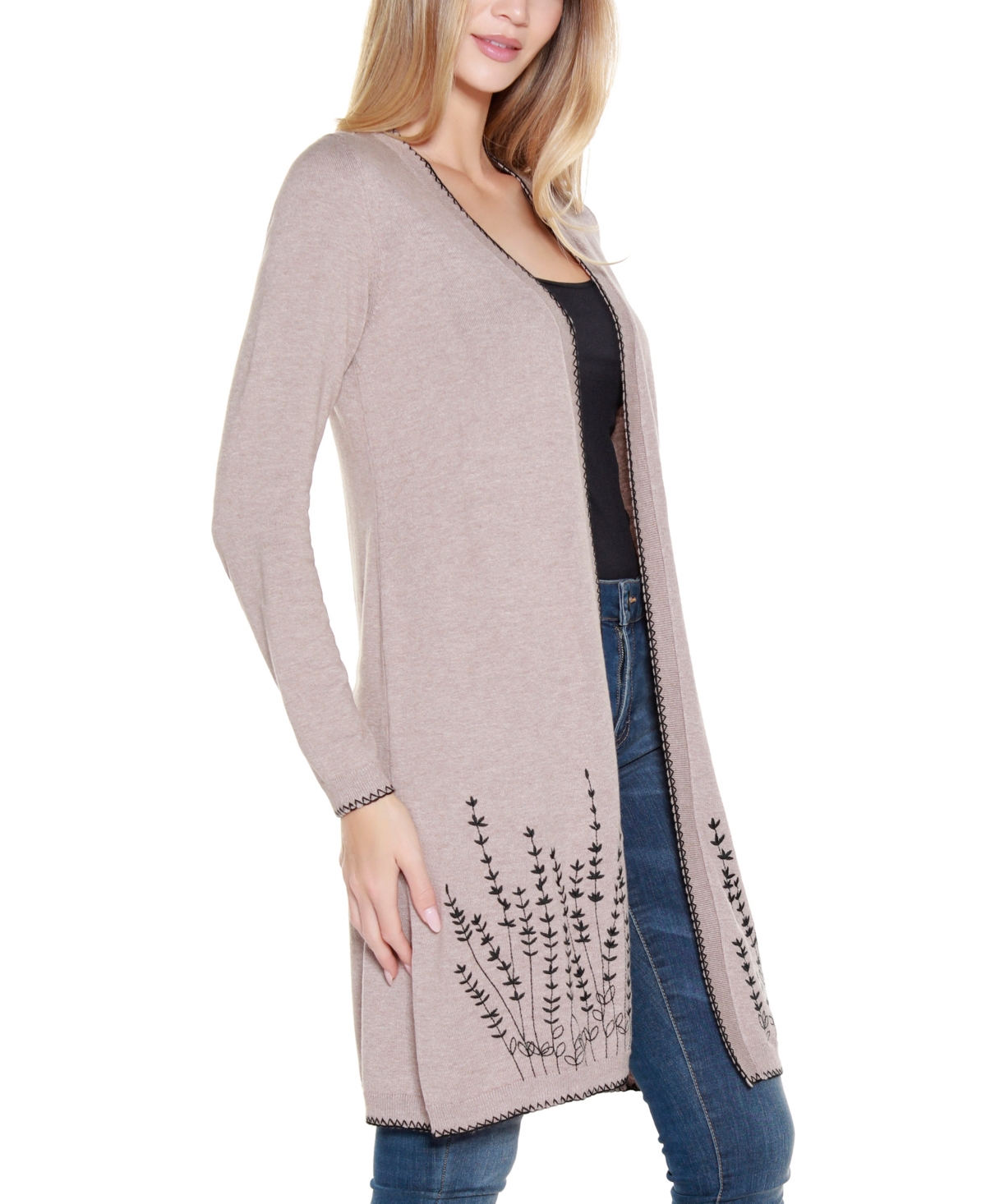 Belldini Plus Size Embroidered Open-front Cardigan Sweater In Purple