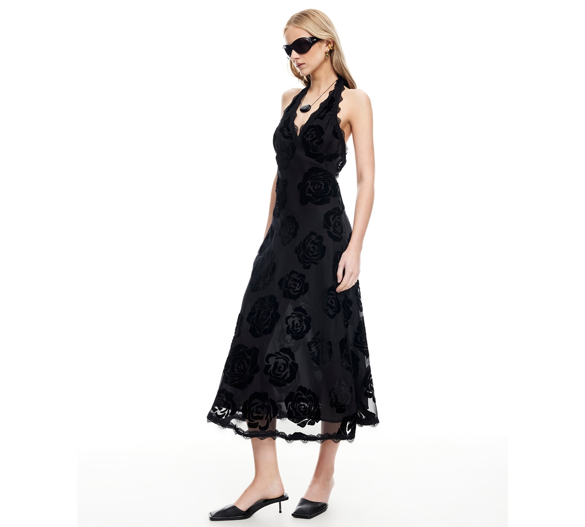 Lioness Stars Align Halterneck Lace Trim Open Back Devore Dress In Black